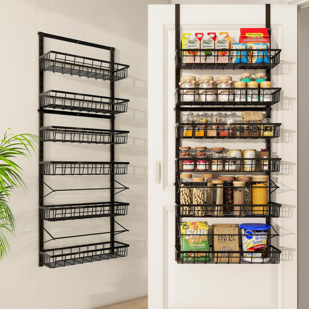 Over The Door Pantry Organizer, Pantry Storage and Organization, 6-Tier Adjustable Hanging Baskets