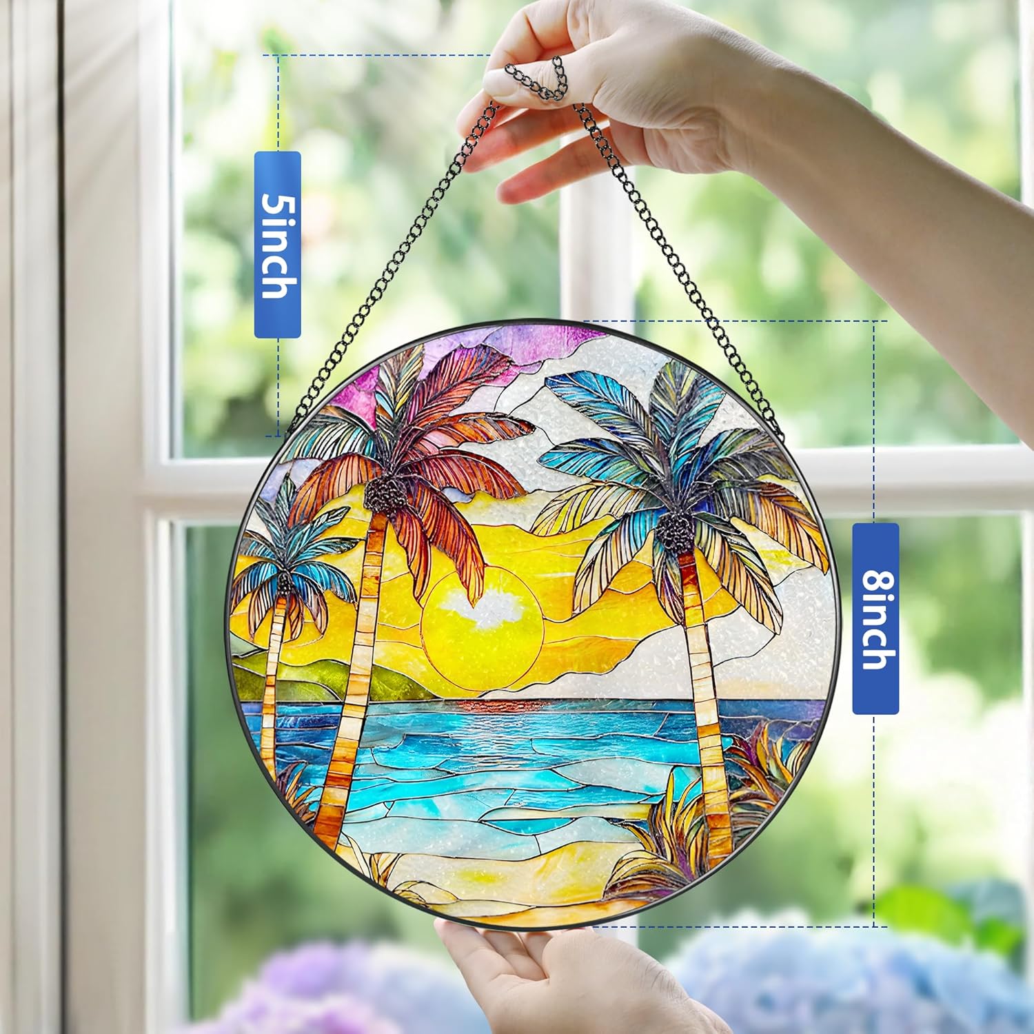 Stained Glass Window Hanging, 8 Inch Beach Sunset Stained Glass Suncatcher, Window Hanging Decor