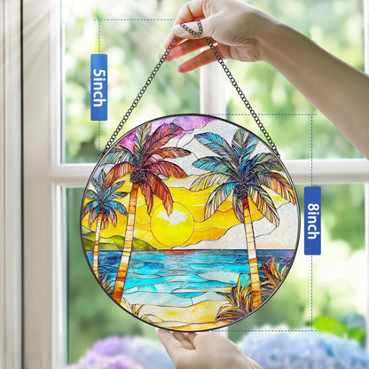 Stained Glass Window Hanging, 8 Inch Beach Sunset Stained Glass Suncatcher, Window Hanging Decor