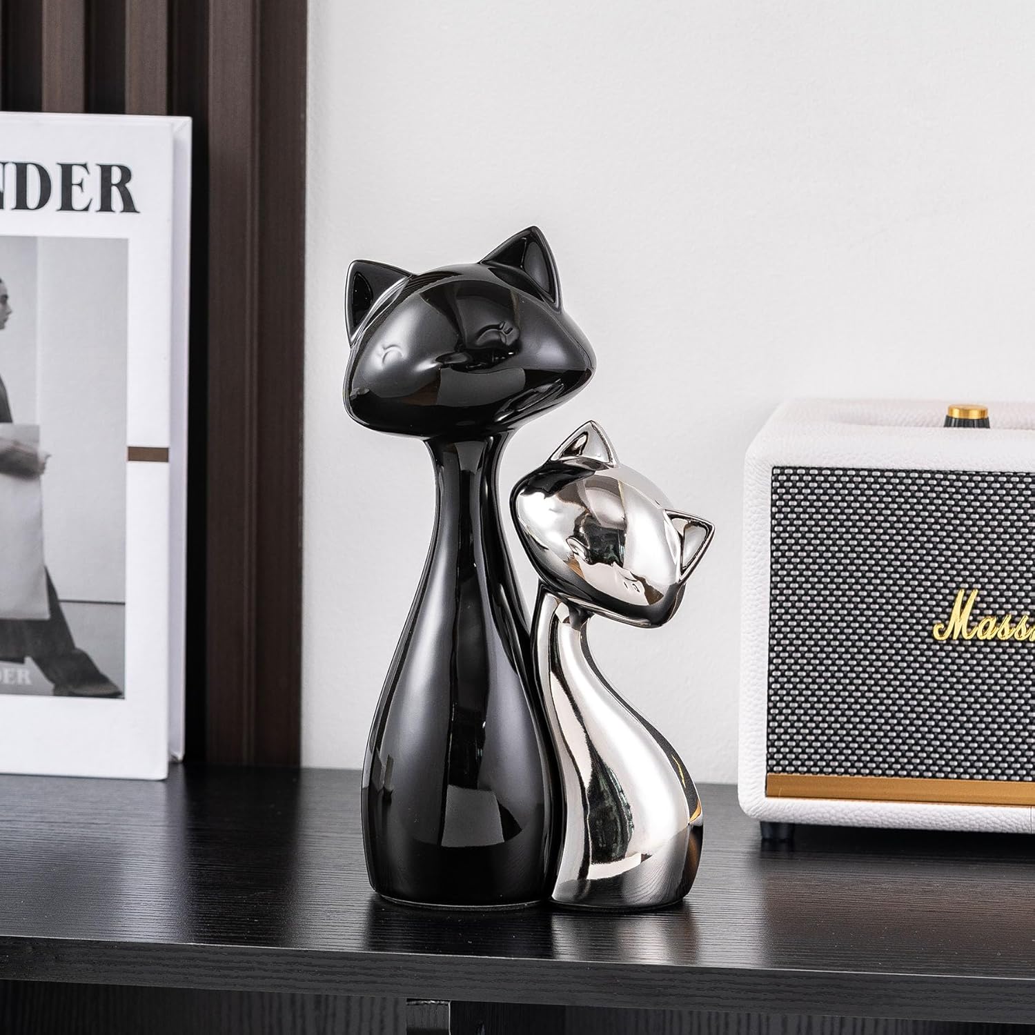 Ceramic Cat Statue Set, Black & Silver Cute Home Decor Figurines, Lucky Cats Desk Accessories for