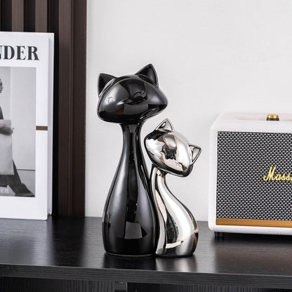 Ceramic Cat Statue Set, Black & Silver Cute Home Decor Figurines, Lucky Cats Desk Accessories for