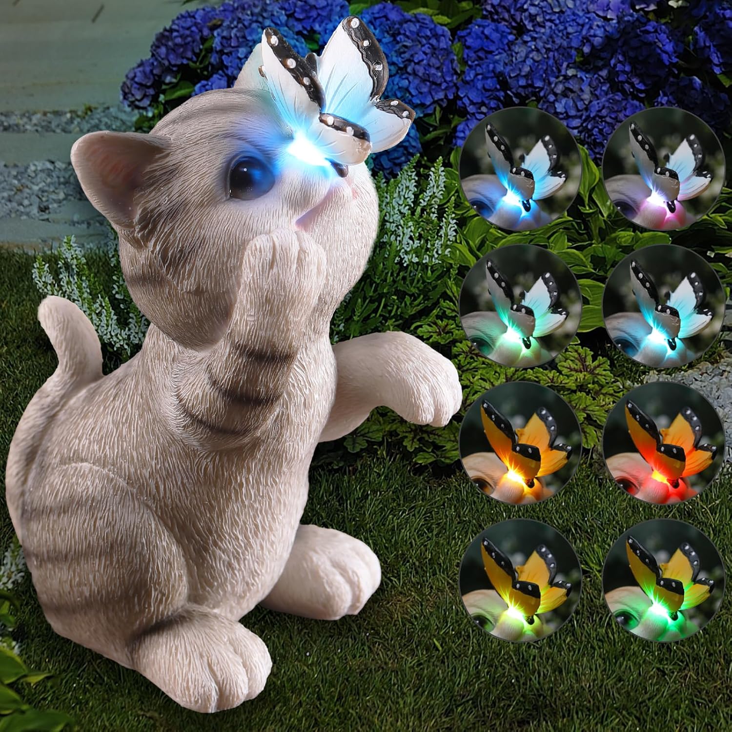 Cat Garden Statue Outdoor Solar Decorations Butterfly Light Figurine Color Changing LED Lights