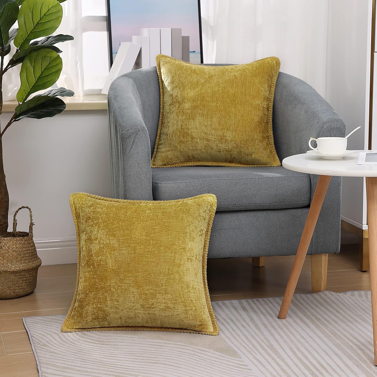 decorUhome Chenille Soft Throw Pillow Covers 26x26 Set of 2, Farmhouse Velvet Neutral Decorative