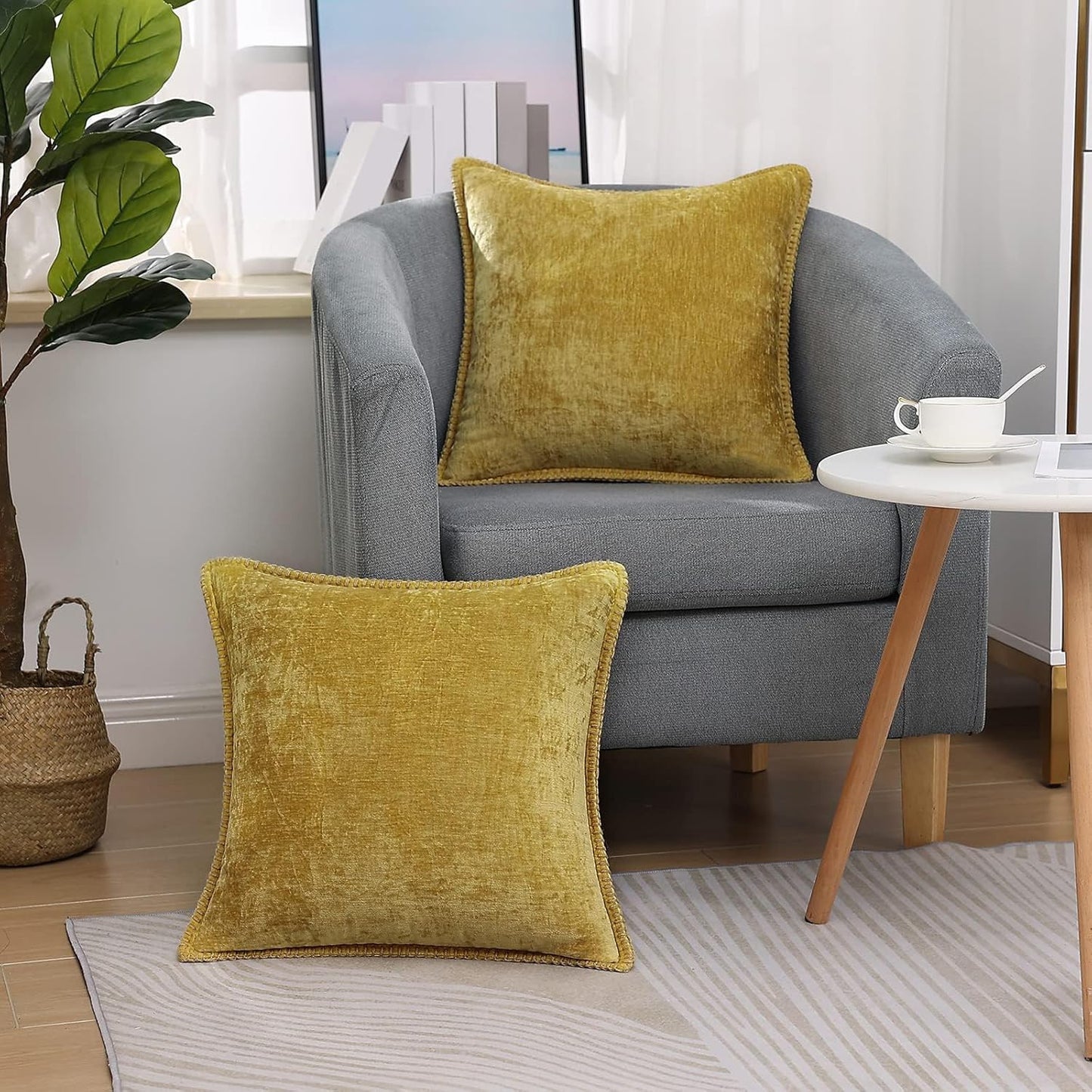 decorUhome Chenille Soft Throw Pillow Covers 18x18 Set of 2, Farmhouse Velvet Neutral Decorative