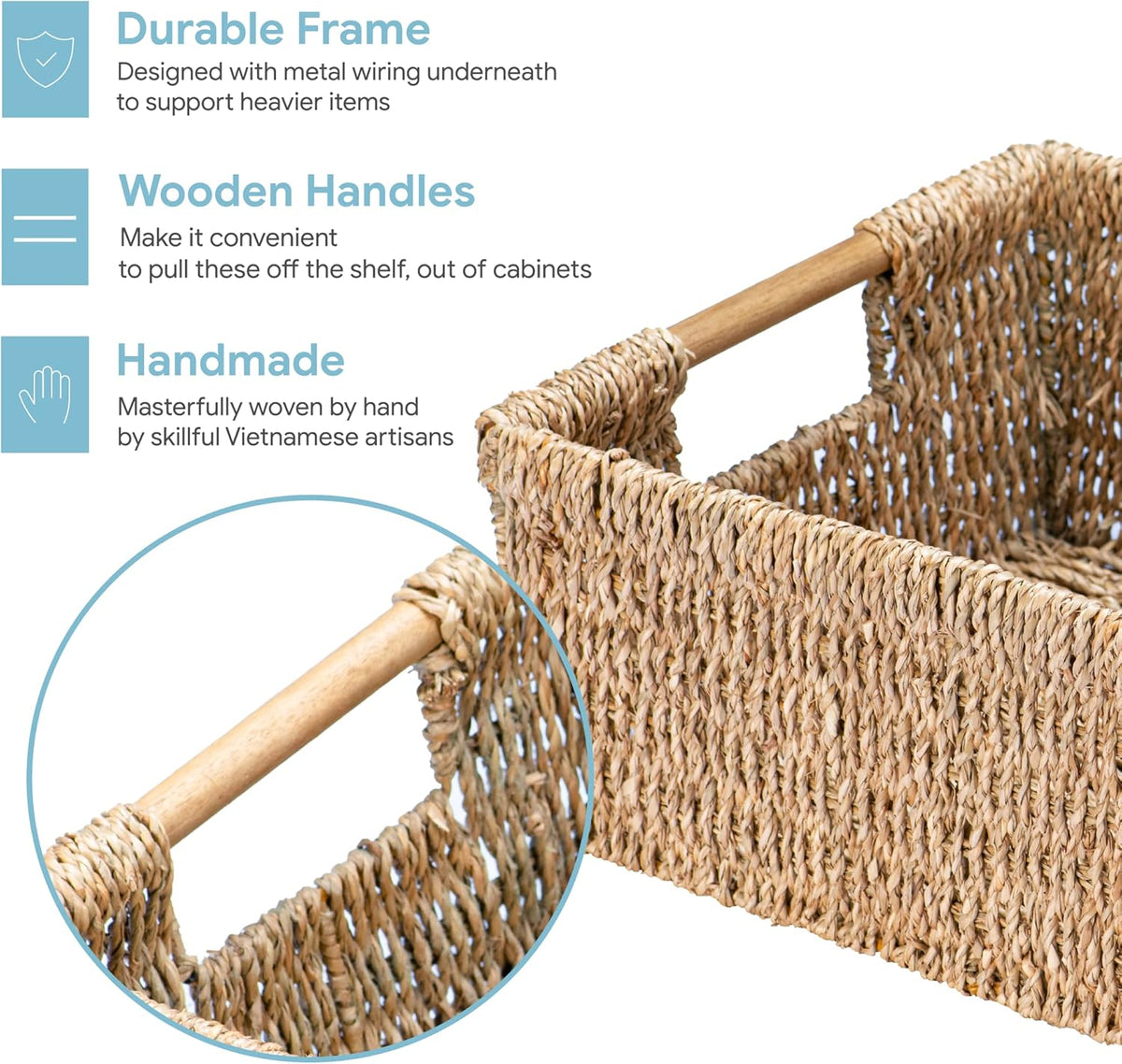 Large Natural Wicker Basket Rectangular with Wooden Handles, Seagrass Storage for Organizing