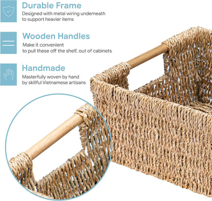 Large Natural Wicker Basket Rectangular with Wooden Handles, Seagrass Storage for Organizing
