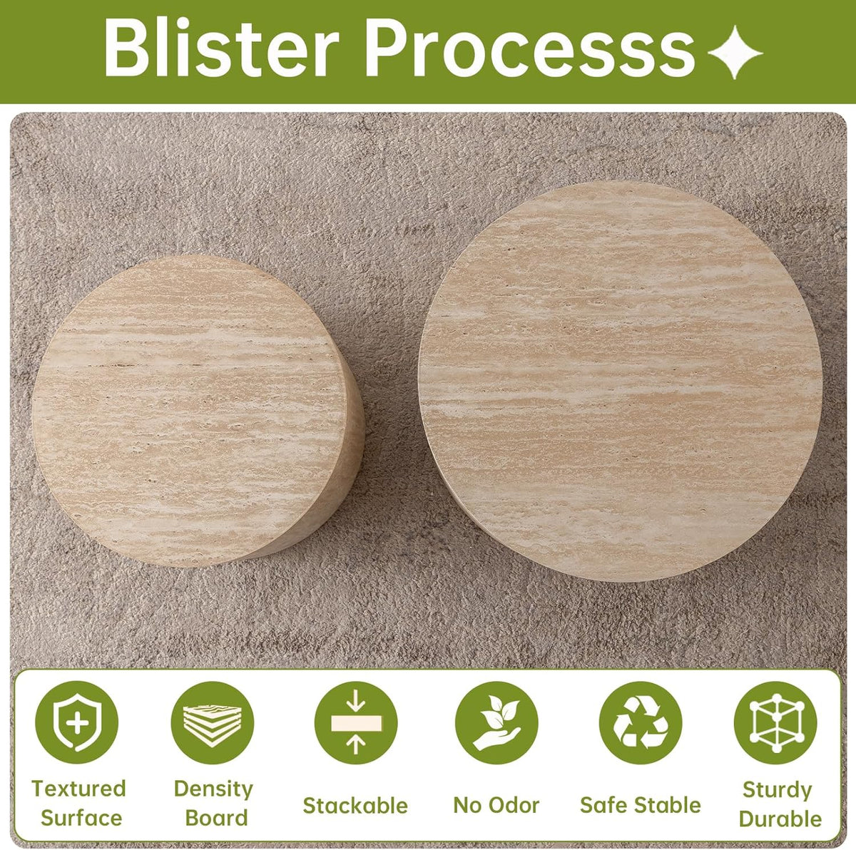 Round Nesting Coffee Table, Drum Wood Coffee Table Set of 2 Travertine-Color, Modern Nesting Tables
