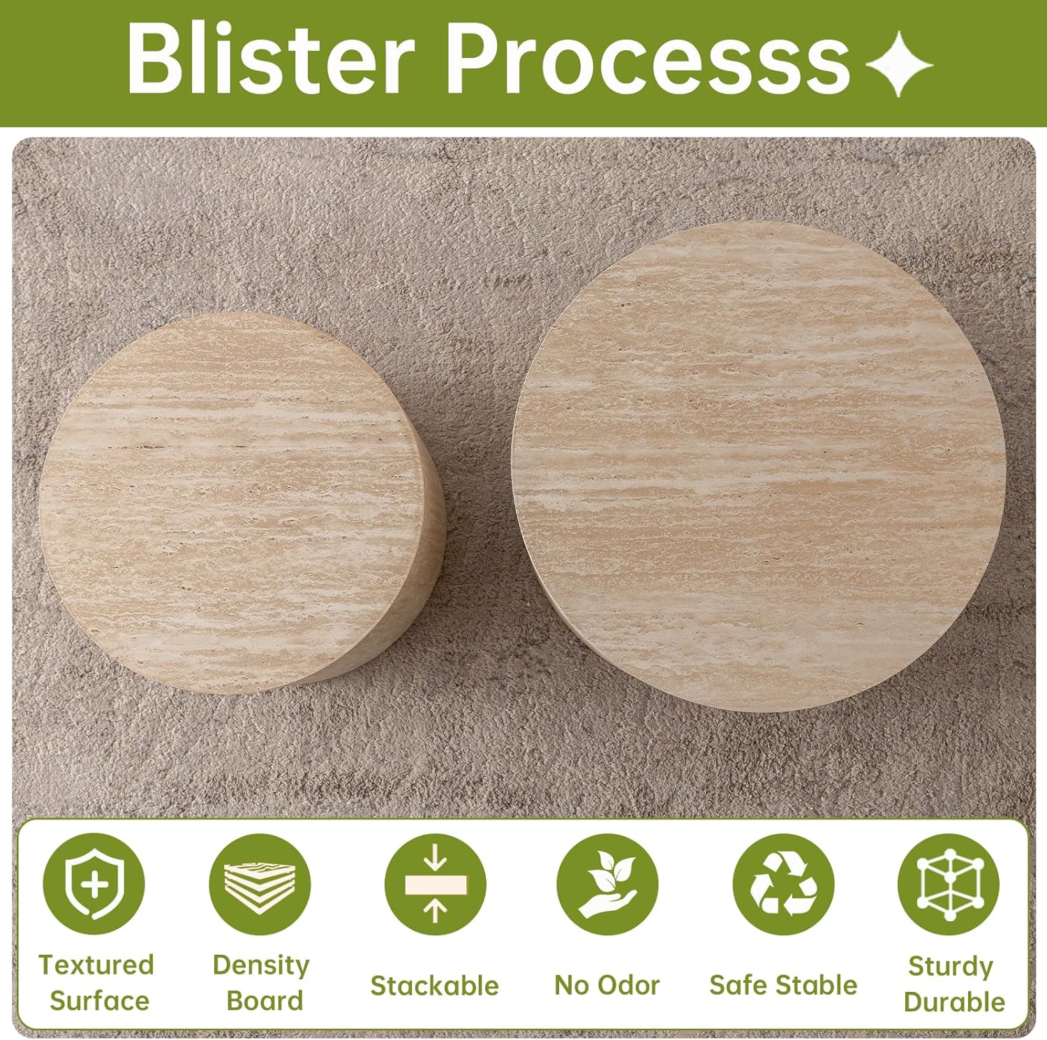 Round Nesting Coffee Table, Drum Wood Coffee Table Set of 2 Travertine-Color, Modern Nesting Tables