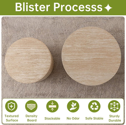 Round Nesting Coffee Table, Drum Wood Coffee Table Set of 2 Travertine-Color, Modern Nesting Tables