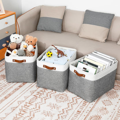 DULLEMELO Large Storage Baskets, Fabric Storage Basket with Leather Handles for Shelves Closet