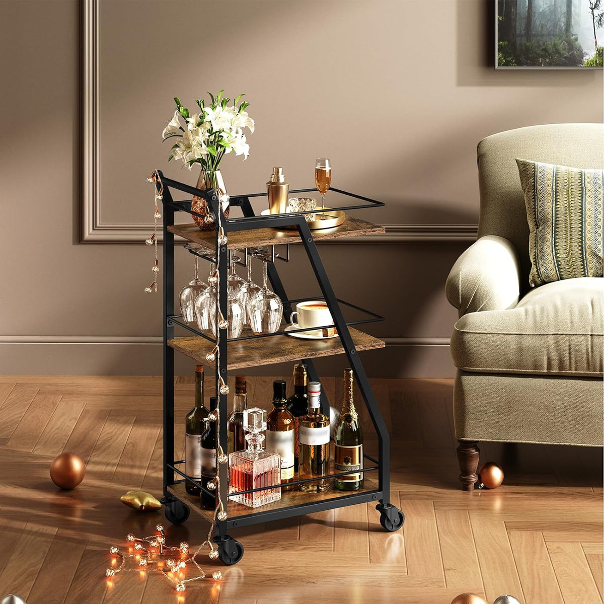 Bar Cart, 3-Tier Bar Cart for The Home, Home Bar Serving Cart with Glass Holders, Beverage Cart for