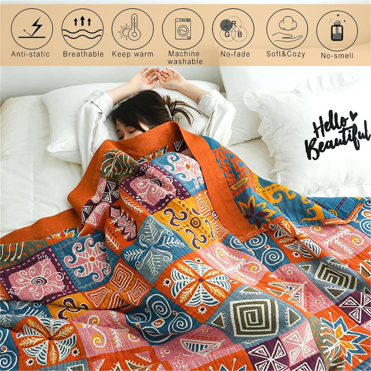 Cotton Throw Boho Blanket for Couch Bed,Cotton Quilted Boho 80''x90'' Muslin Blankets Travel