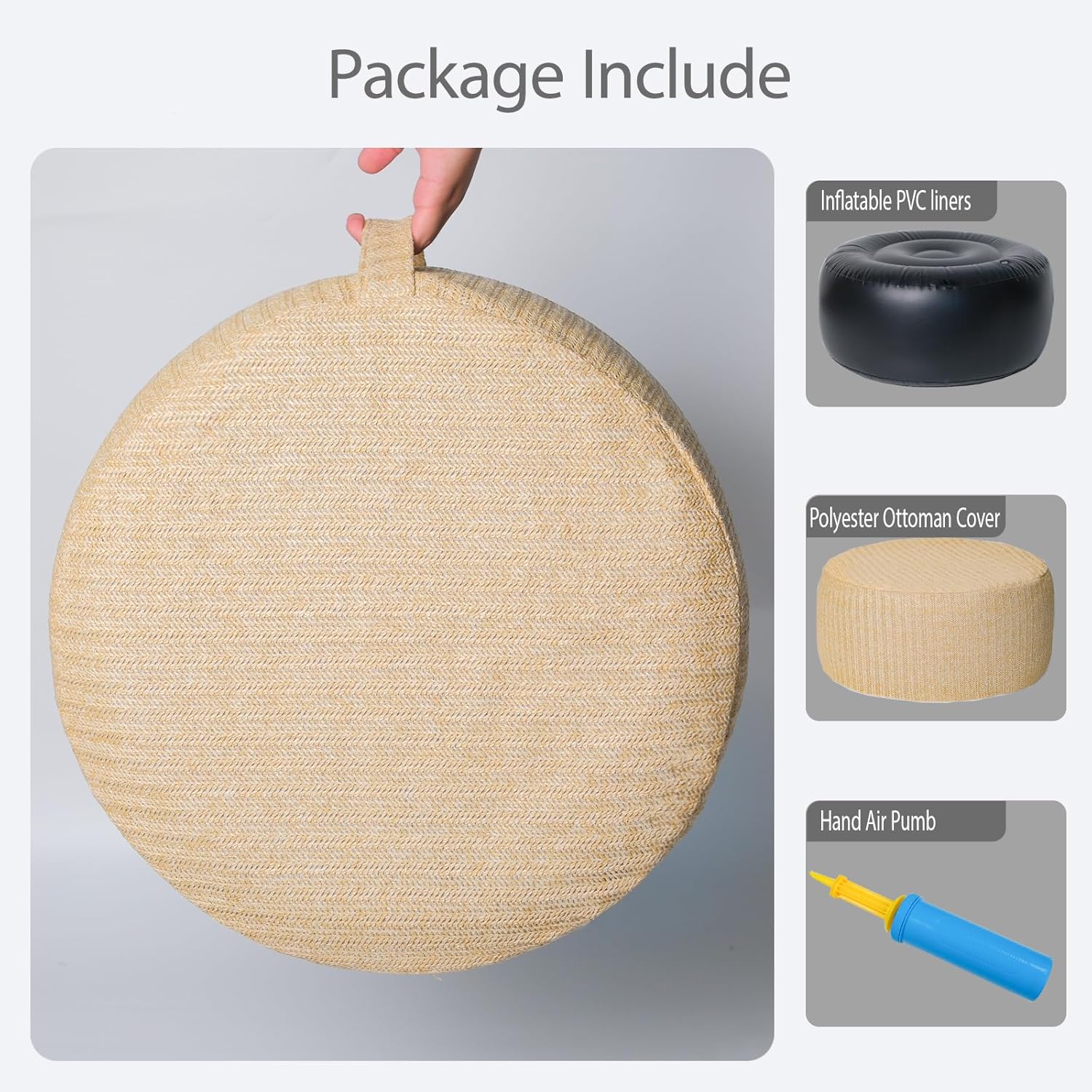 Outdoor Inflatable Ottoman with Air Pump, Fade-Resistant Patio Footrest Stool D21”x H9”, Round Pouf