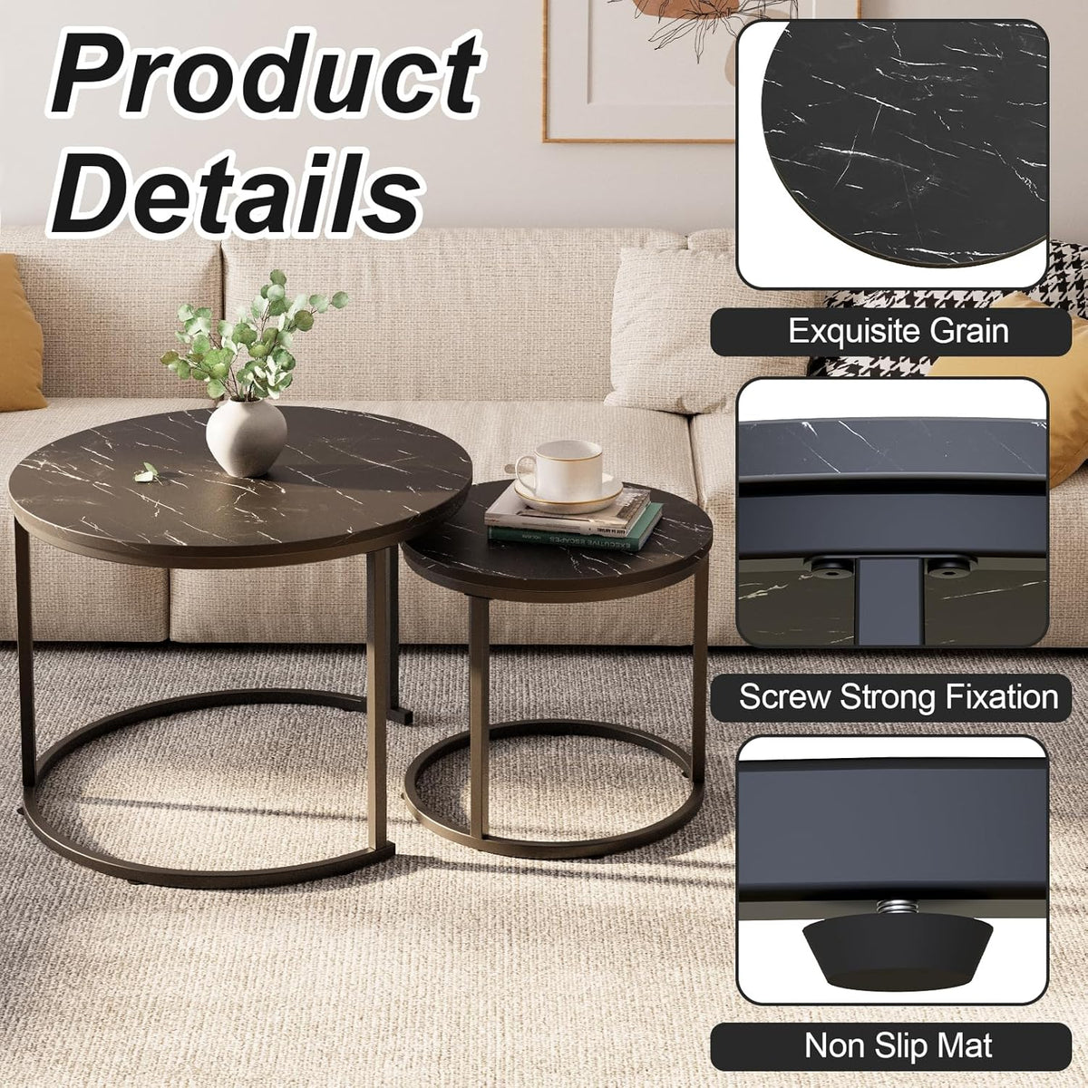 aboxoo Round Nesting Coffee Table Side Set of 2 End Tables for Living Room Bedroom Balcony,Black
