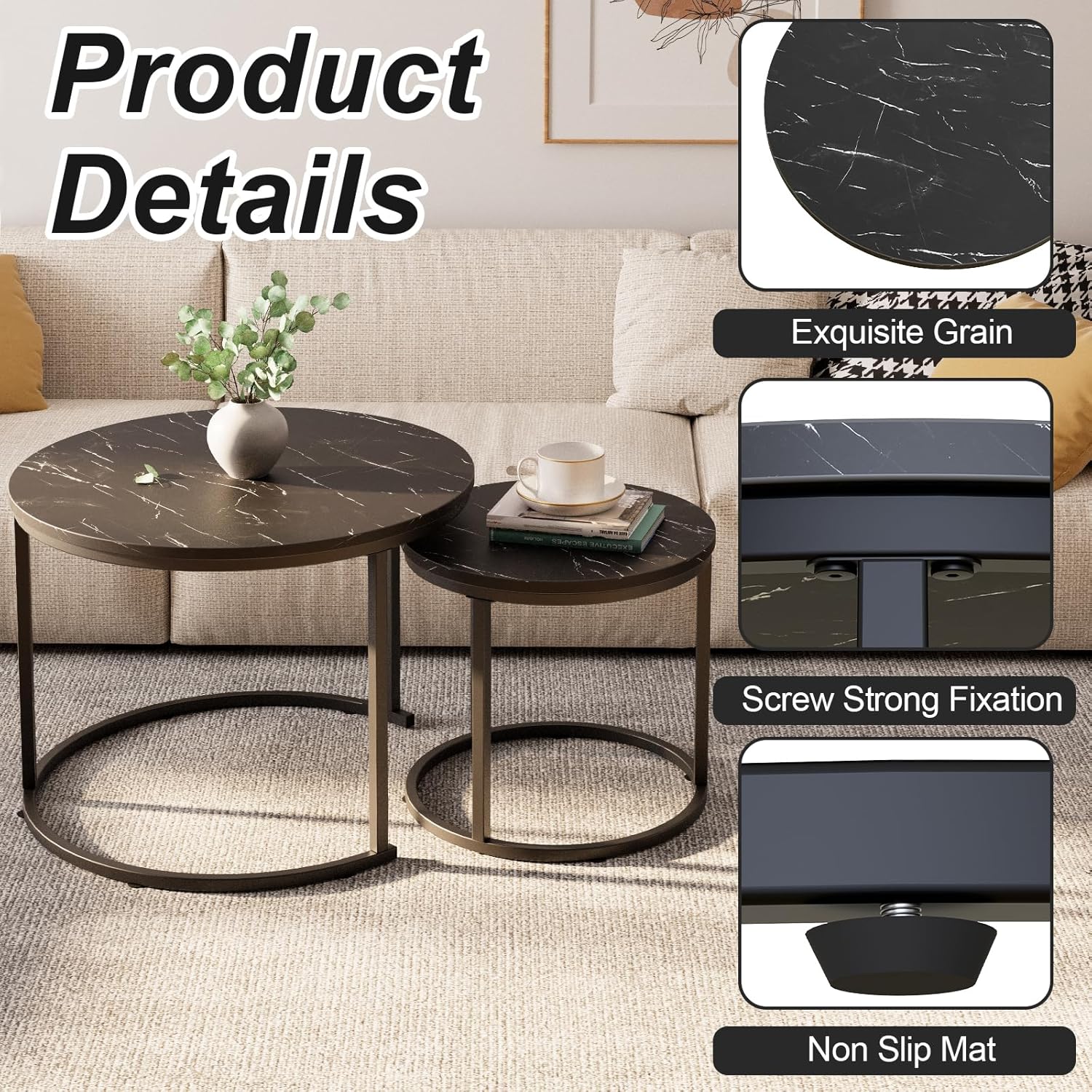 aboxoo Round Nesting Coffee Table Side Set of 2 End Tables for Living Room Bedroom Balcony,Black