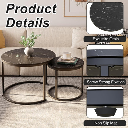 aboxoo Round Nesting Coffee Table Side Set of 2 End Tables for Living Room Bedroom Balcony,Black