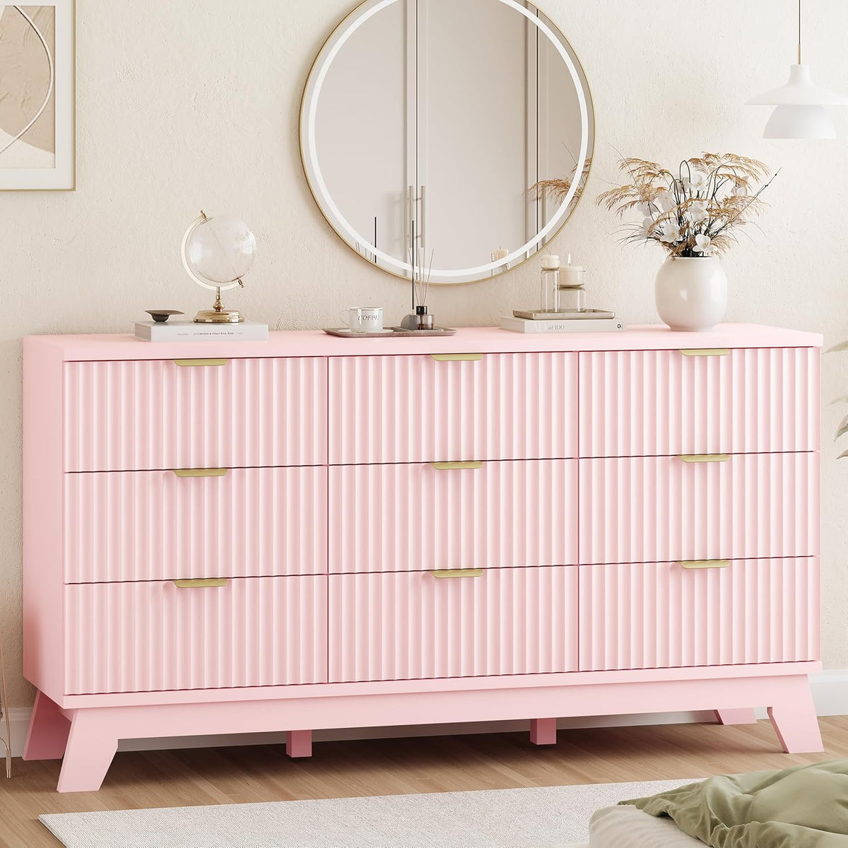 Fluted Dresser for Bedroom with 9 Drawers, 57" Wide Modern Chest of Drawers with Metal Handle