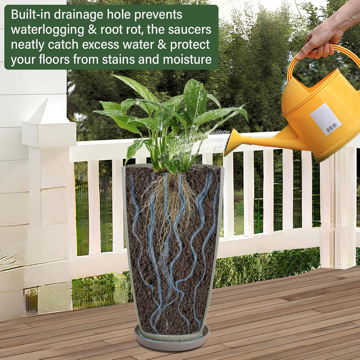 24/21/12 Inch Large Plastic Planter, Lightweight Ceramic-Look Large Flower Pots with Drain Hole &