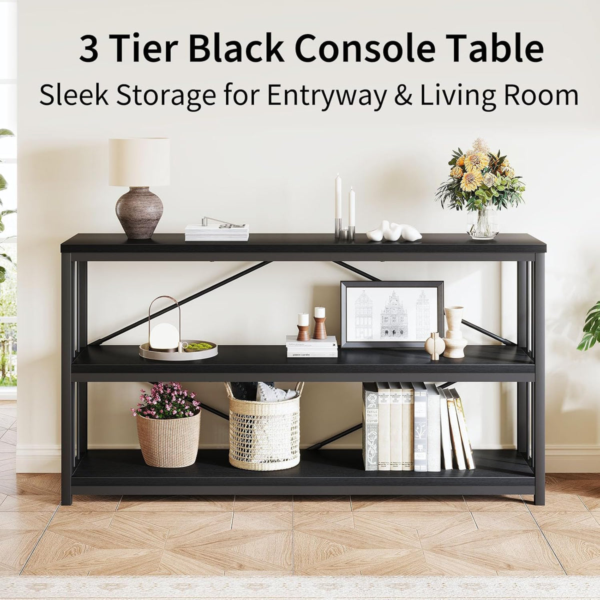 LVB Black Console Table, Modern Entryway Table for Hallway Living Room, Industrial Sofa Table