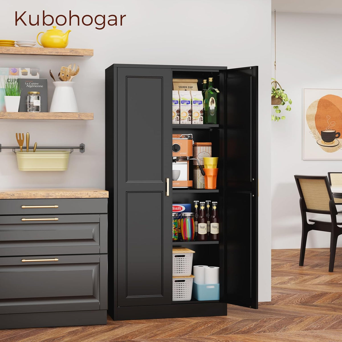 60" Tall Metal Pantry Cabinet, Black Kitchen Pantry Storage Cabinet with Doors and 3 Adjustable