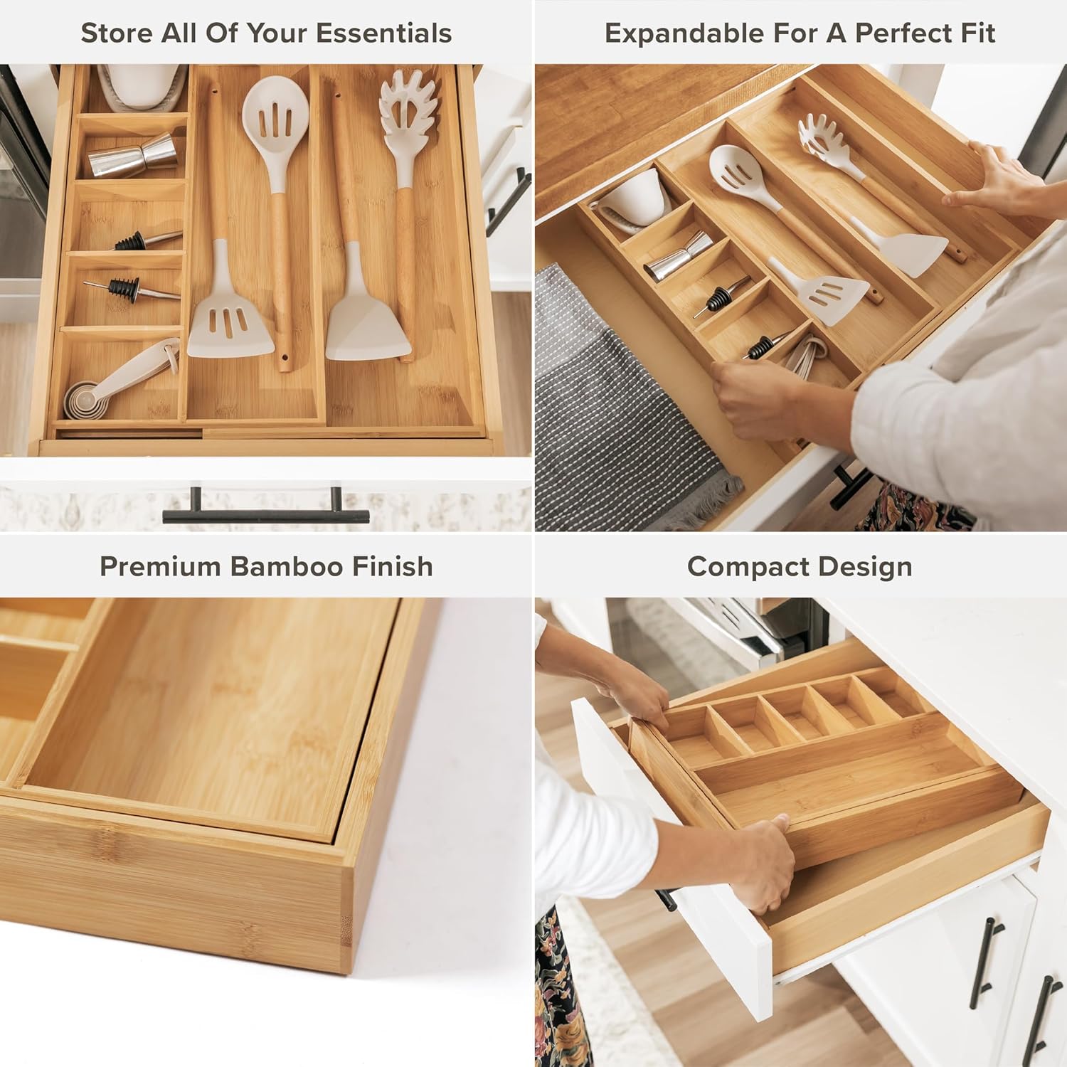 Adjustable Kitchen Drawer Organizer for Utensils and Junk, Food-Safe Contract Grade with 100%