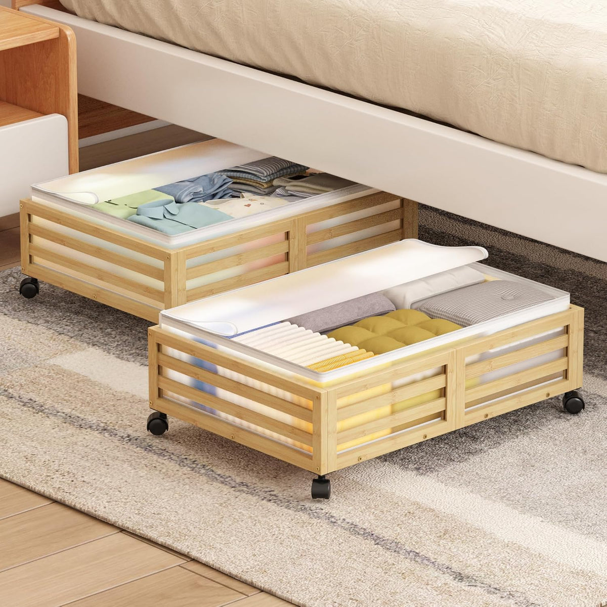 Under Bed Storage with Wheels-Large Bamboo Underbed storage Containers with Large Dust Bag