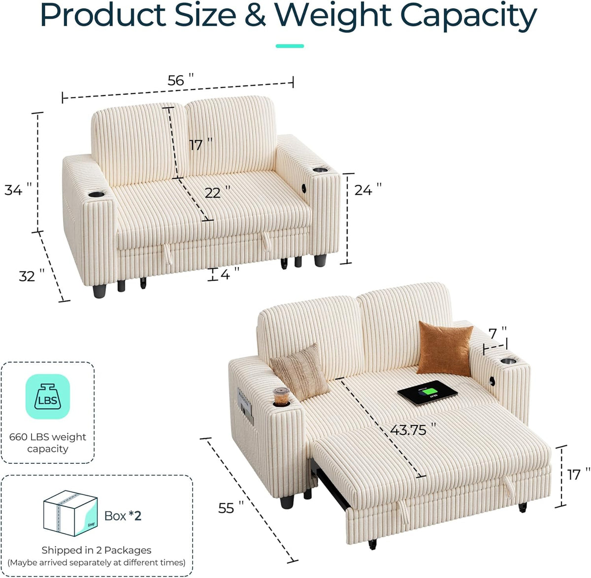 LINSY HOME Loveseat Sofa with Pull Out Couch Chaise: 2-in-1 Convertible 2 Seater Sofa with USB