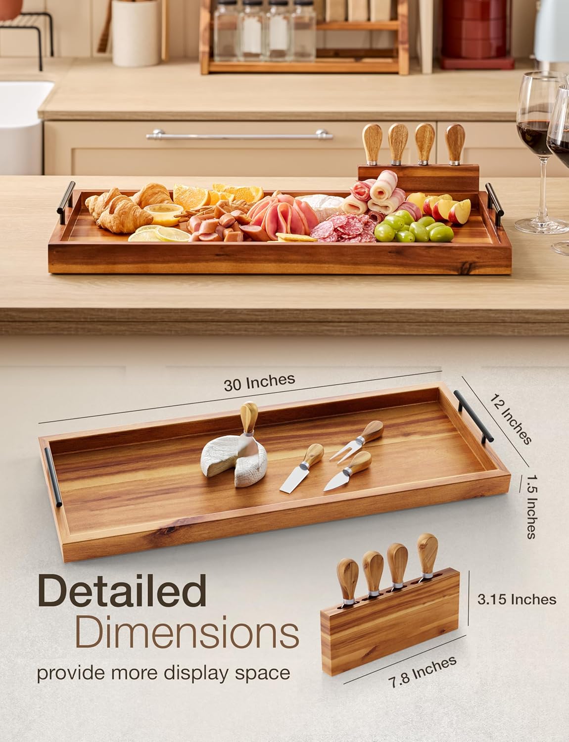 Acacia 30 Inch Large Charcuterie Board with Cheese Knife Set of 4 – Acacia Wood Serving Tray With