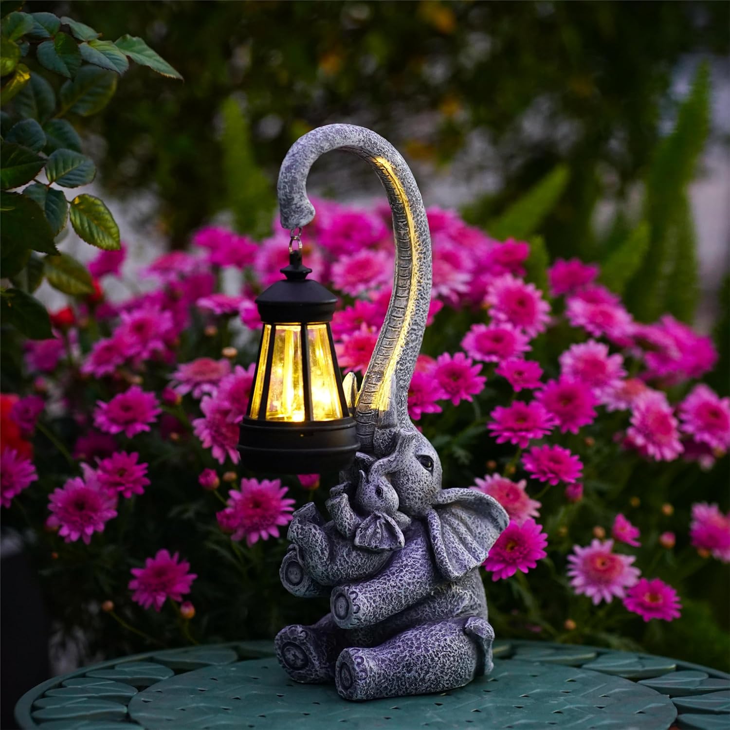 Elephant Outdoor Statues with Cute Baby Garden Decor, Resin Elephant Figurines with Solar Lantern