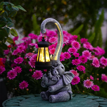 Elephant Outdoor Statues with Cute Baby Garden Decor, Resin Elephant Figurines with Solar Lantern