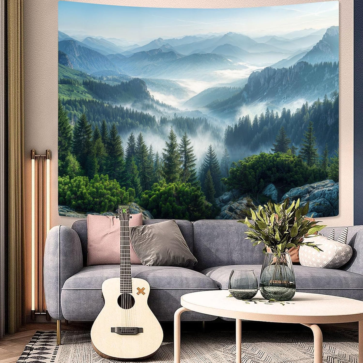 AMM Nature Forest Mountain Tapestry Green Misty Pine Tree Tapestry for Bedroom Aesthetic Foggy