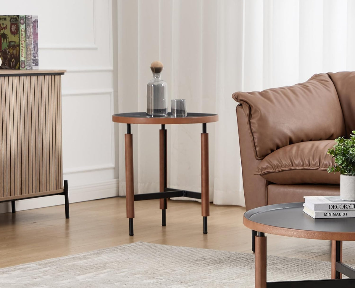 EALSON 19.5" Round Side Table Mid Cnetury Modern End Table for Couch Sofa with Black Metal