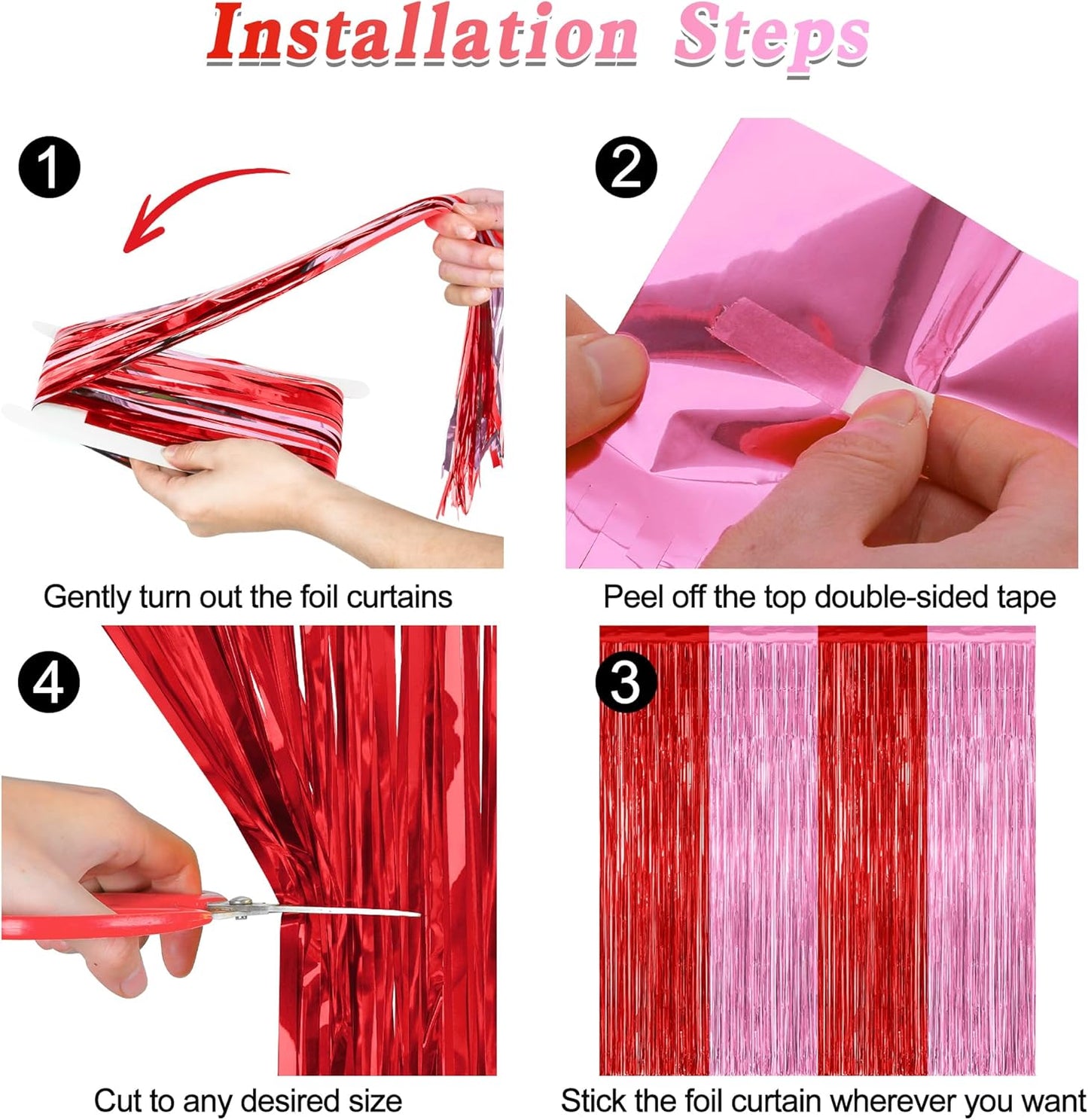 2 Pack Backdrop Curtains, 3.28 Feet x 7.05 Feet Red Pink Backdrop, Metallic Fringe Curtains Tinsel
