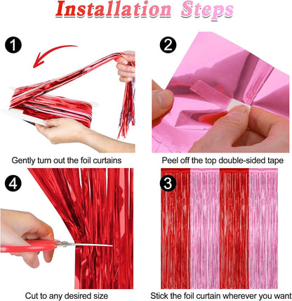 2 Pack Backdrop Curtains, 3.28 Feet x 7.05 Feet Red Pink Backdrop, Metallic Fringe Curtains Tinsel