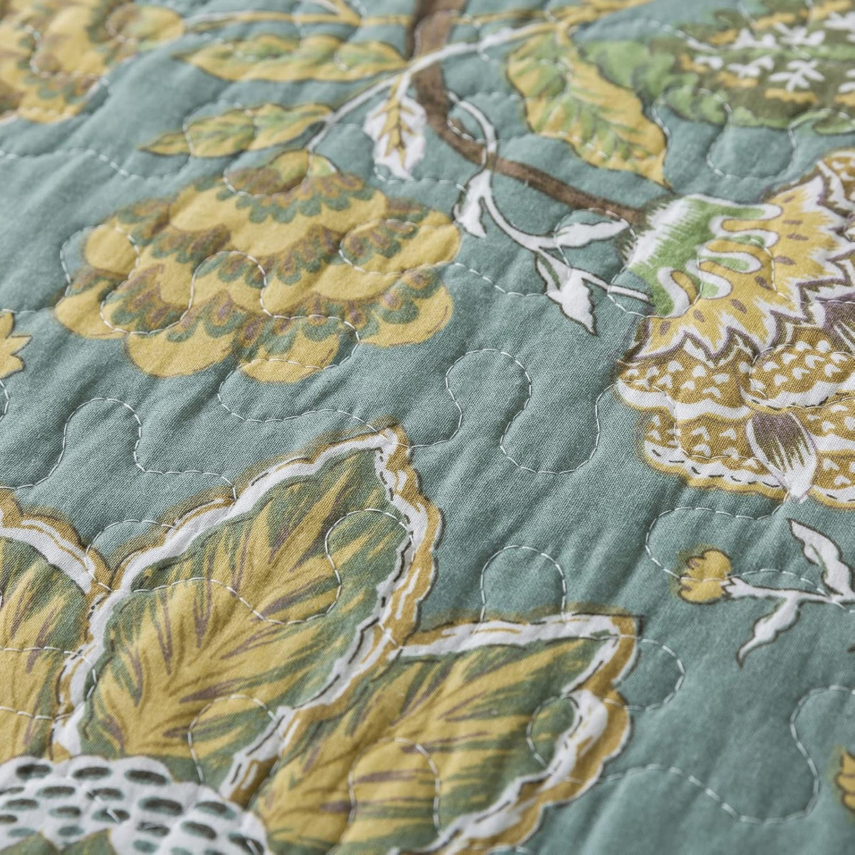 NEWLAKE Cotton Bedspread Quilt Sets-Reversible Patchwork Coverlet Set, Green Floral Pattern, Queen