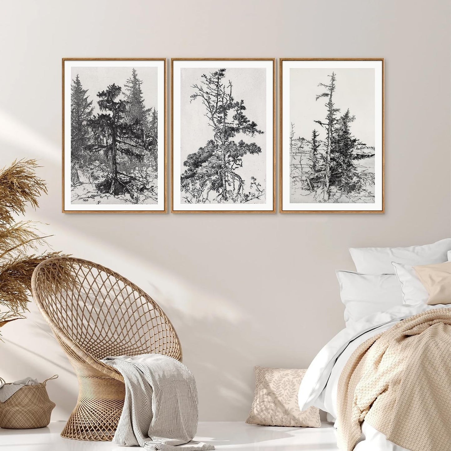 SIGNINART Vintage Tree Framed Wall Art Set , Black and White Antique Sketchbook Forest Painting