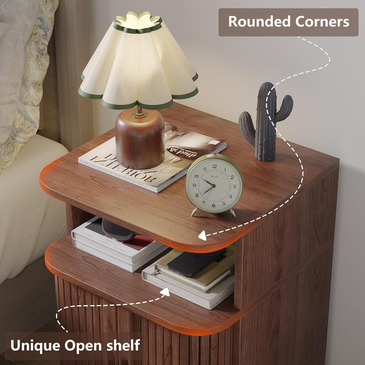 Alohappy Mid Century Modern End Table with Sliding Tambour Door, Fluted Wood Nightstand, Curved