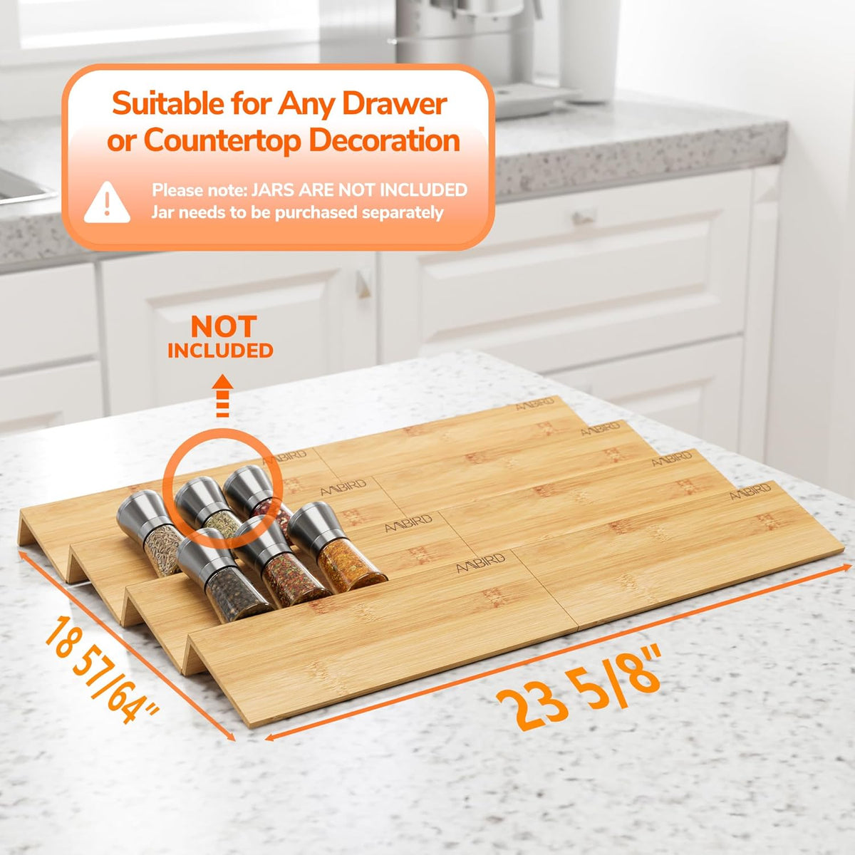 AMBIRD Bamboo Spice Drawer Organizer with Non-slip Mat,4 Tier - 2 Set Jar Spice Rack Tray From