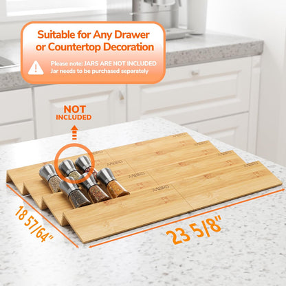 AMBIRD Bamboo Spice Drawer Organizer with Non-slip Mat,4 Tier - 2 Set Jar Spice Rack Tray From