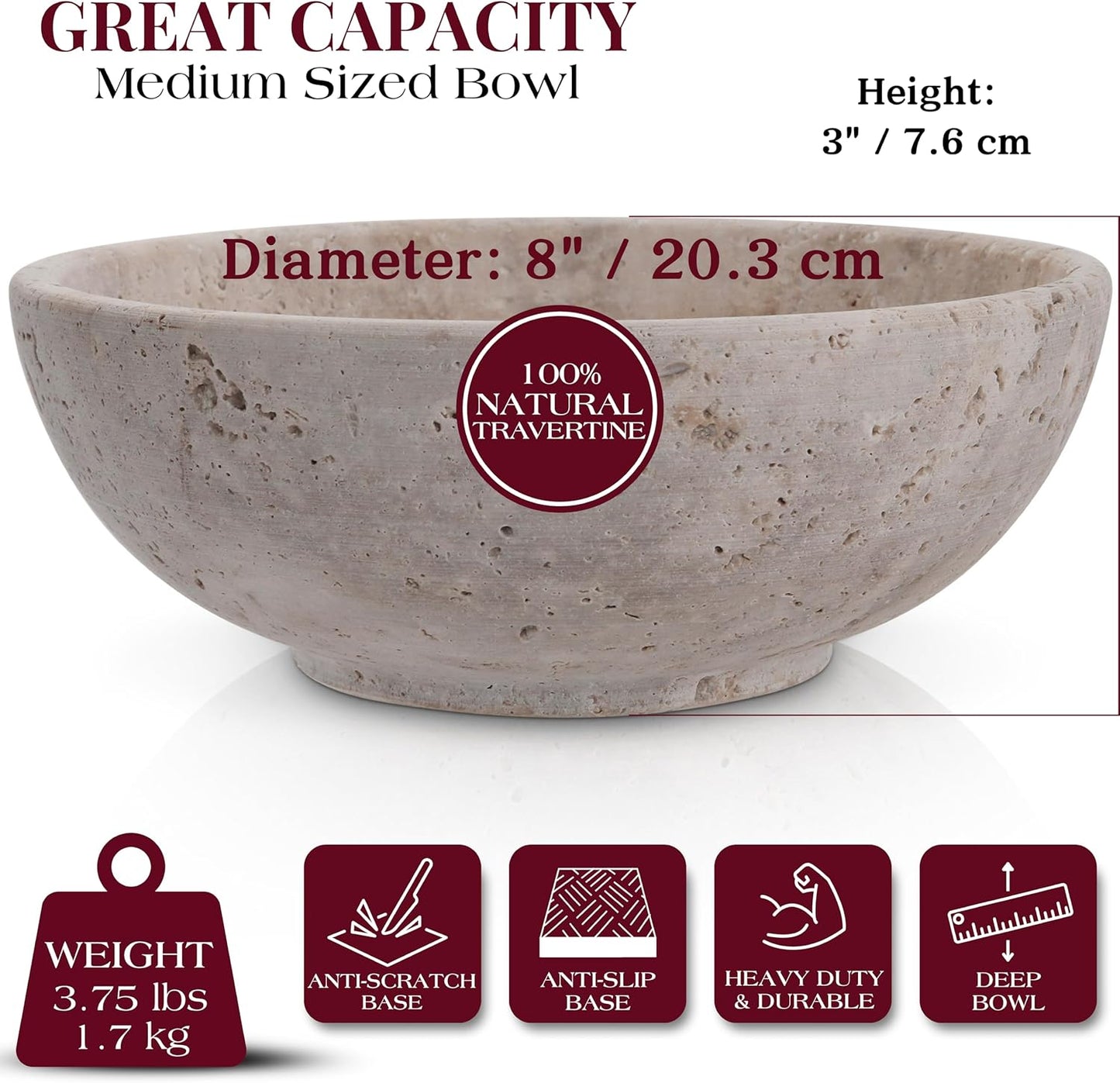 Gusto Nostro 8" Decorative Travertine Bowl for Coffee Table - Elegant Centerpiece, Aesthetic Fruit
