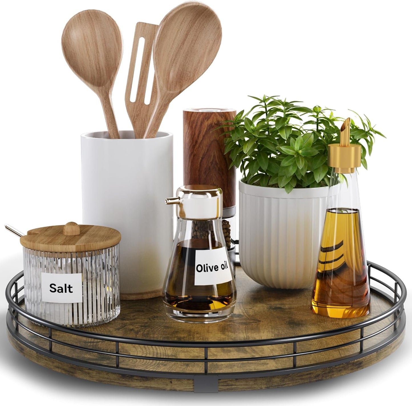 Lazy Susan Turntable Organizer for Table Top, 12’’ Round Wooden Lazy Susan for Cabinet Kitchen