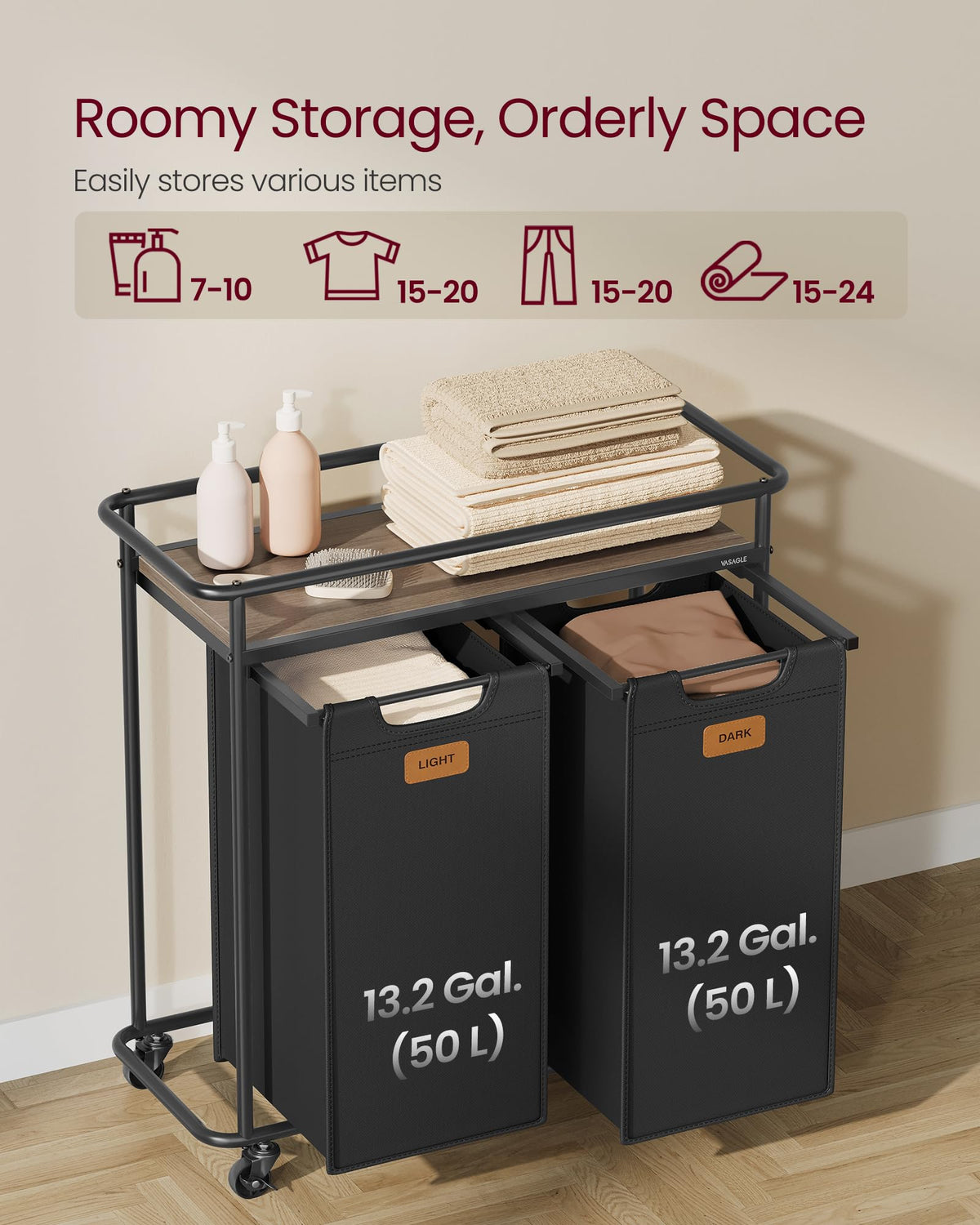 VASAGLE Laundry Sorter, Laundry Hamper with Wheels, 26.4 Gal. (100 L) Portable Rolling Cart Baskets