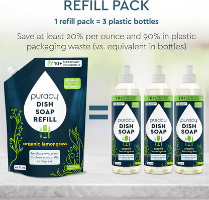 Puracy Natural Dish Soap Refill - Skin-Softening Plant-Based Liquid Dishwashing Detergent Soap