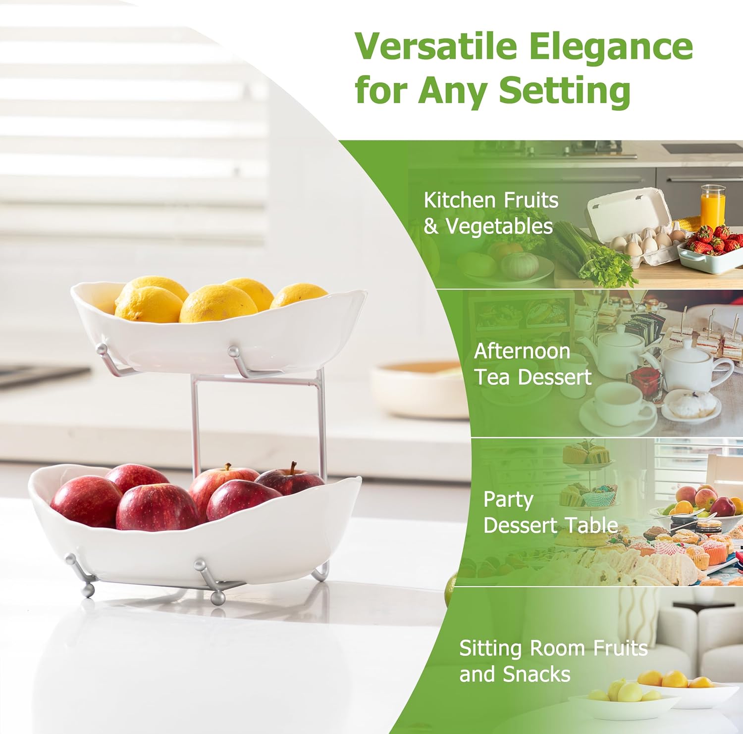 HBlife Fruit Bowl for Kitchen Counter - 2 Tier Ceramic Fruit Bowl with Metal Stand, Tiered Fruit