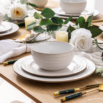 GBHOME Ceramic Dinnerware Sets,12 pcs Embossed Elegant Stoneware Plates and Bowls Sets