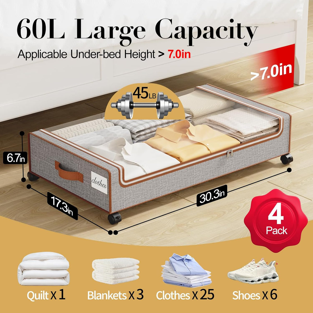 Yecaye Under Bed Storage with Wheels, 4 Pack Under Bed Storage Containers with Clear Lids & Label