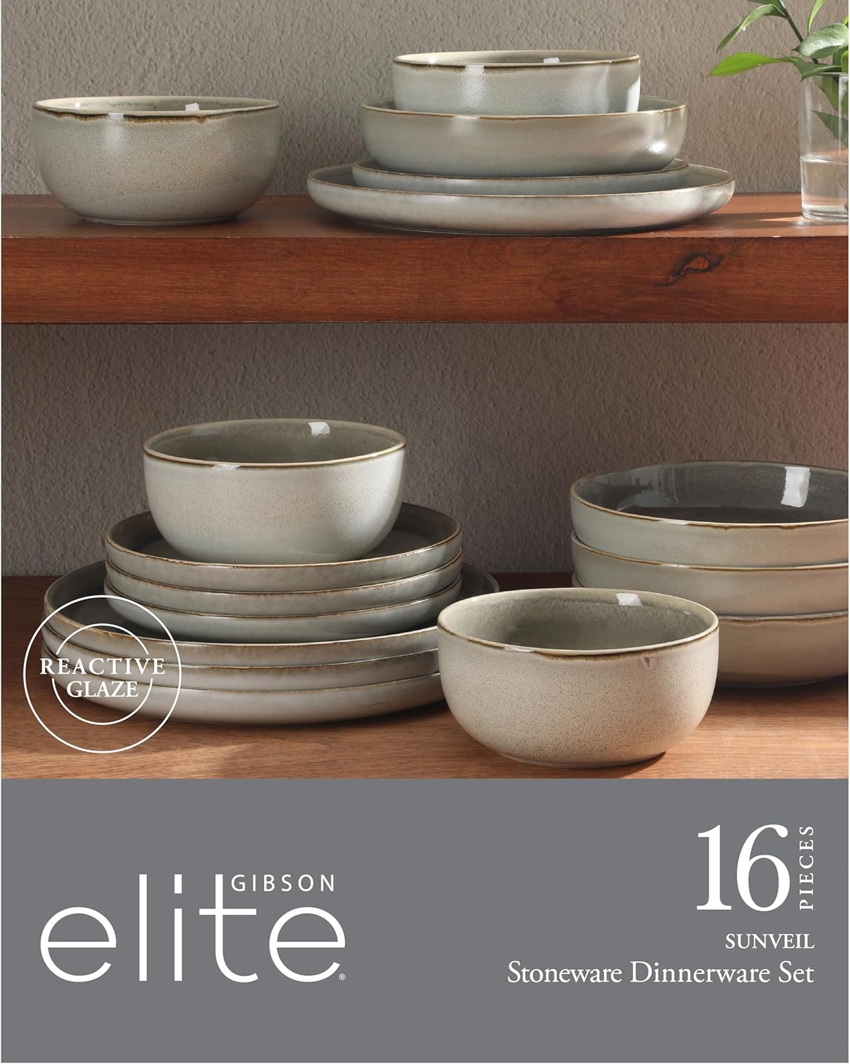 Gibson Elite Sunveil 16 Piece (Service for 4) Plates and Bowls Reactive Glaze Round Dishes