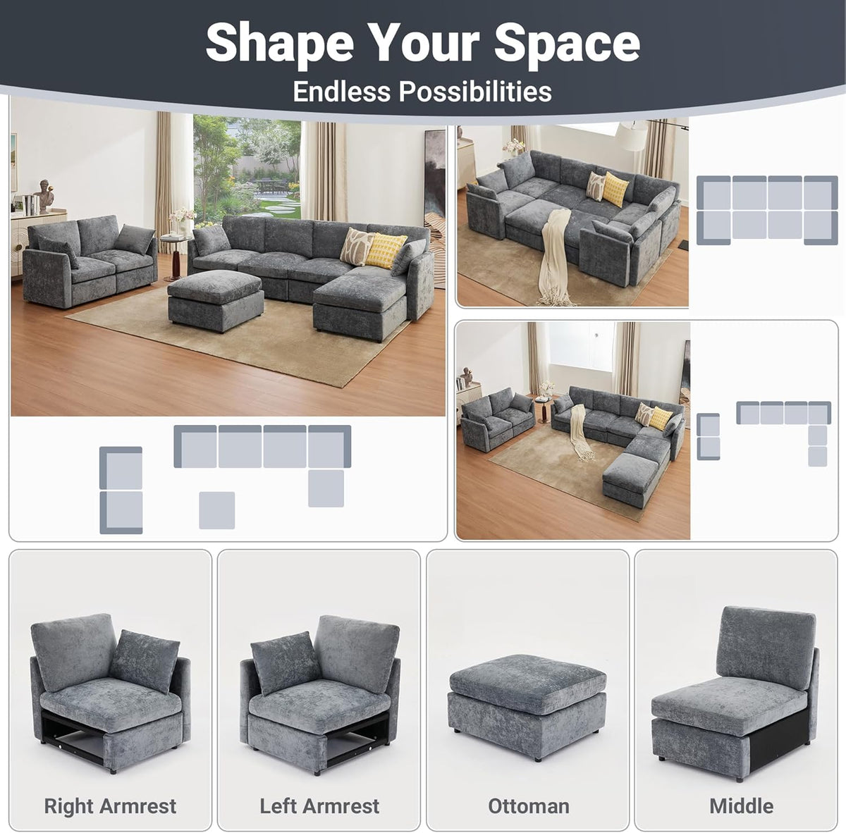 Tbfit Modular Sectional Couch 8 Seat, Cloud Sofa for Living Room,Chenille Sofa Set with Ottoman