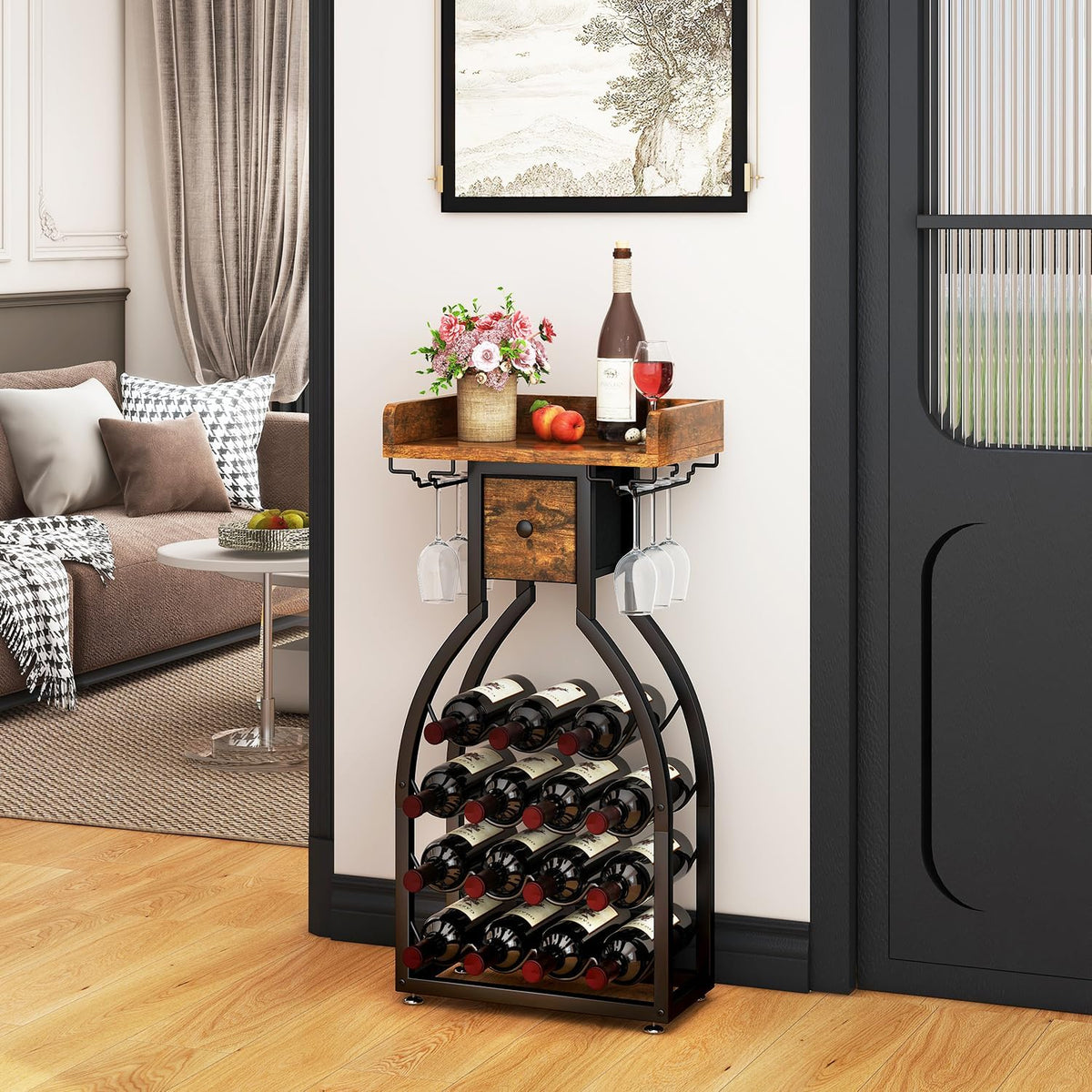 IBUYKE Wine Rack Freestanding Floor,Wine Storage 15 Bottles Bottle Rack with Glass Holders, Mini