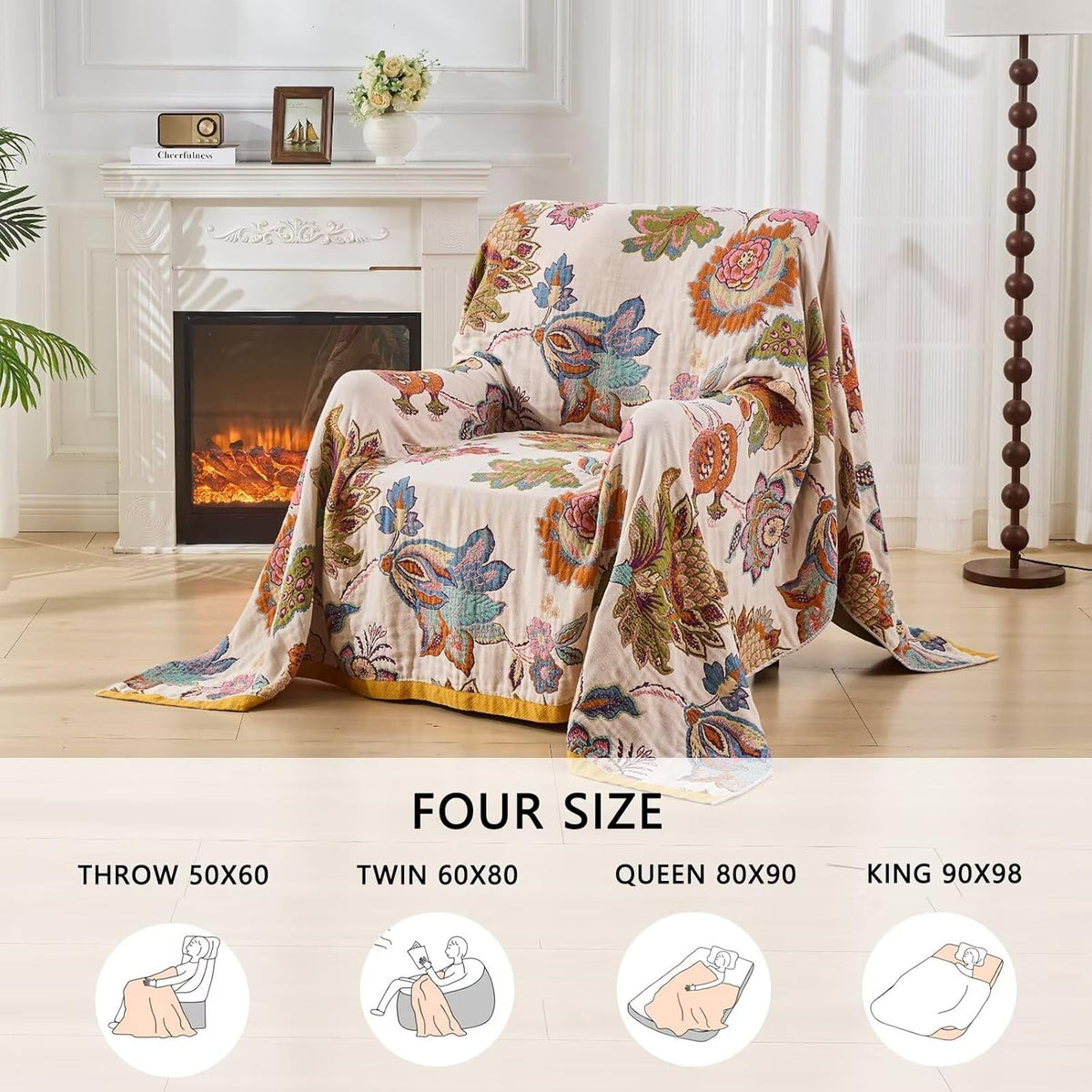 Boho Throw Blanket Reversible Muslin Bohemian Tapestry, Flower Decorated Bohemian Sofa Blanket